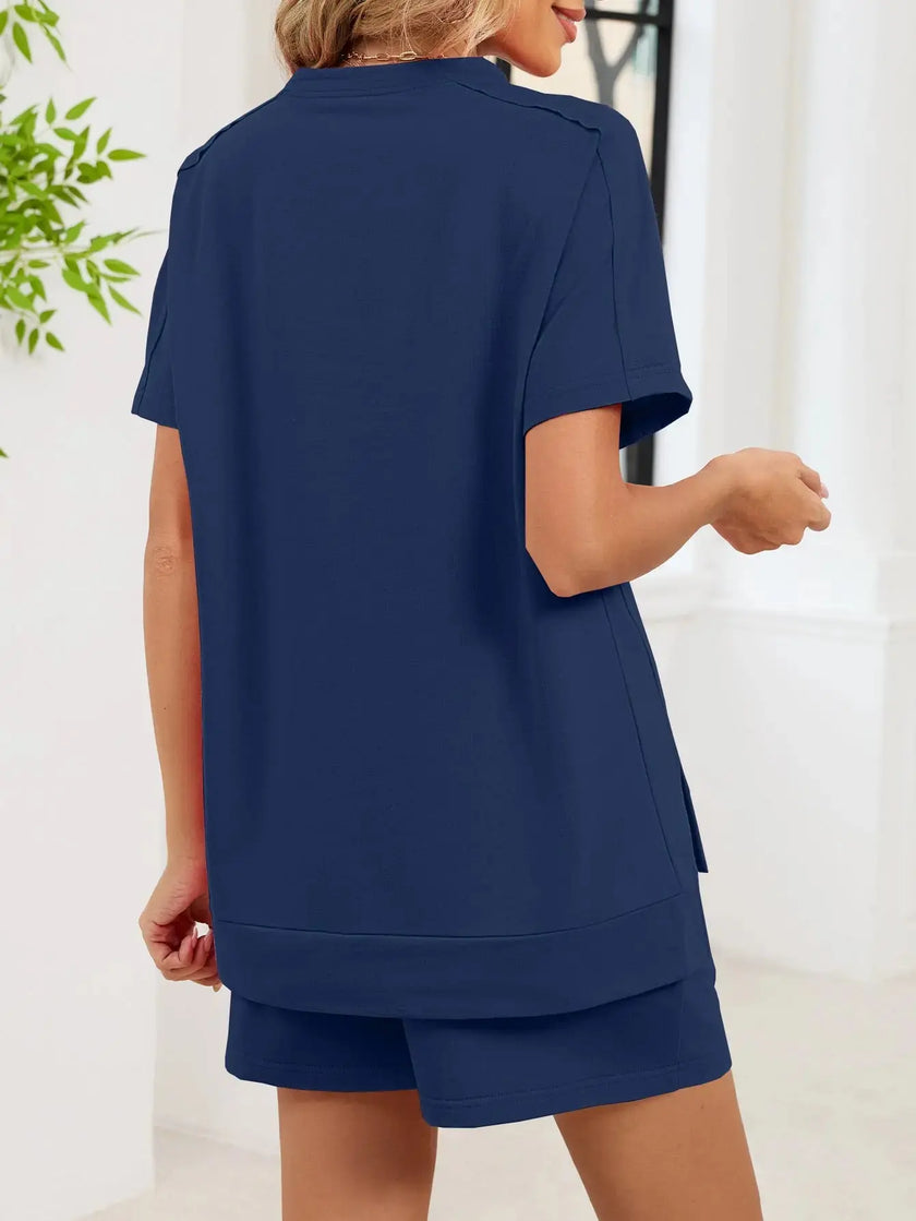 Round Neck Short Sleeve Shirt and Shorts Loungewear  Style Ratio