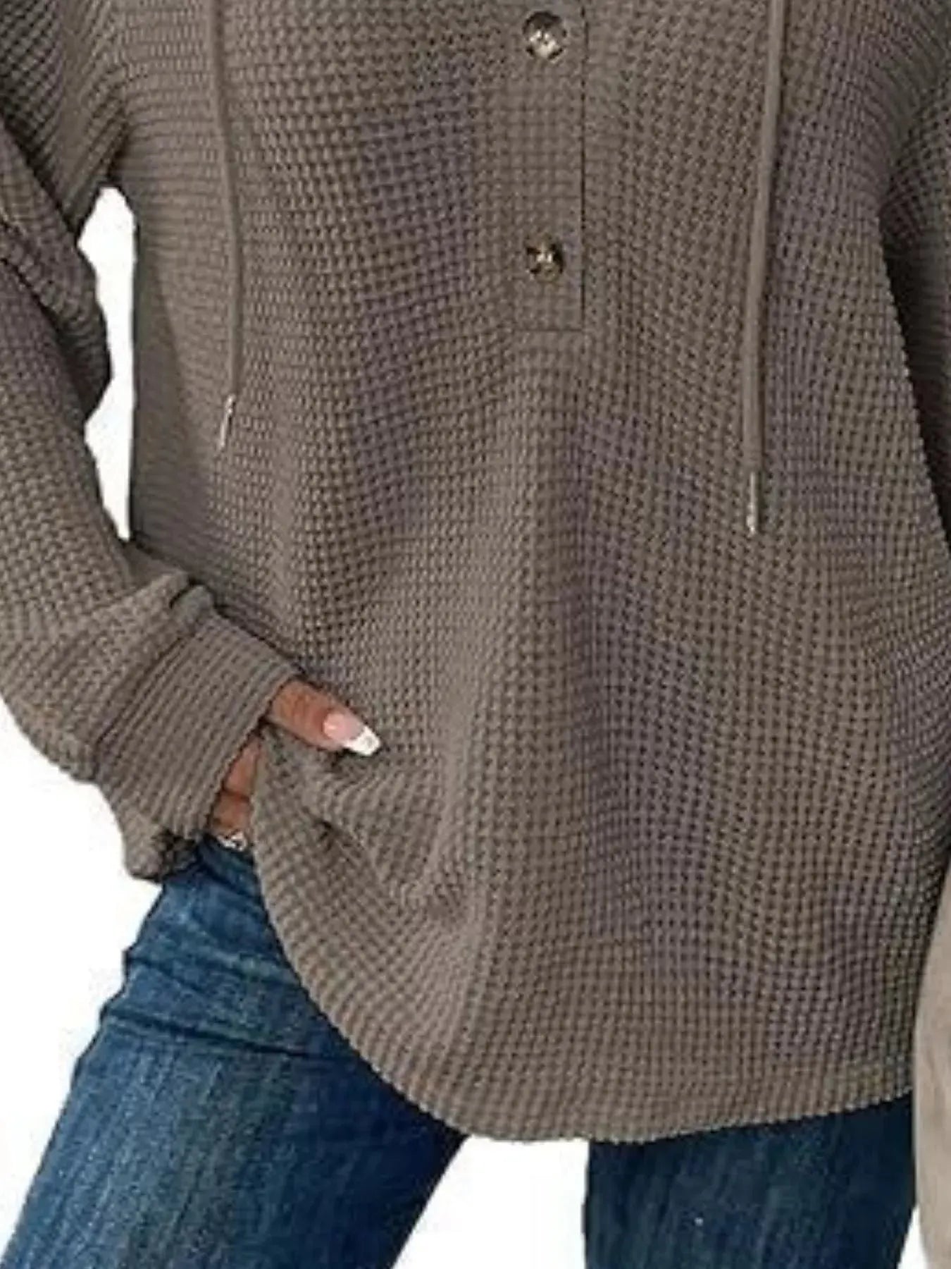 Full Size Button Detail Waffle Knit Hoodie  Style Ratio