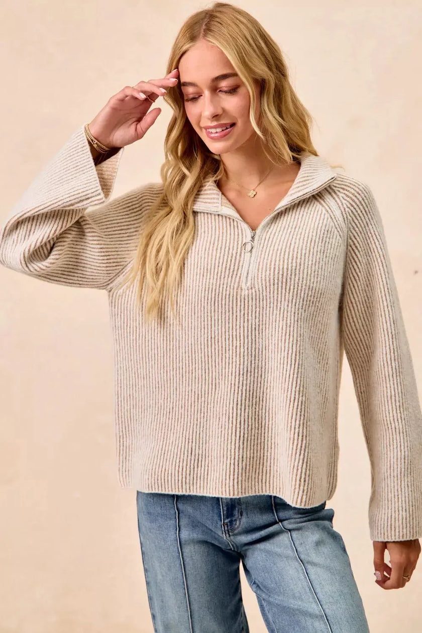 BiBi Two Tone Rib Textured Knit Collared Top with Zip Up  Style Ratio