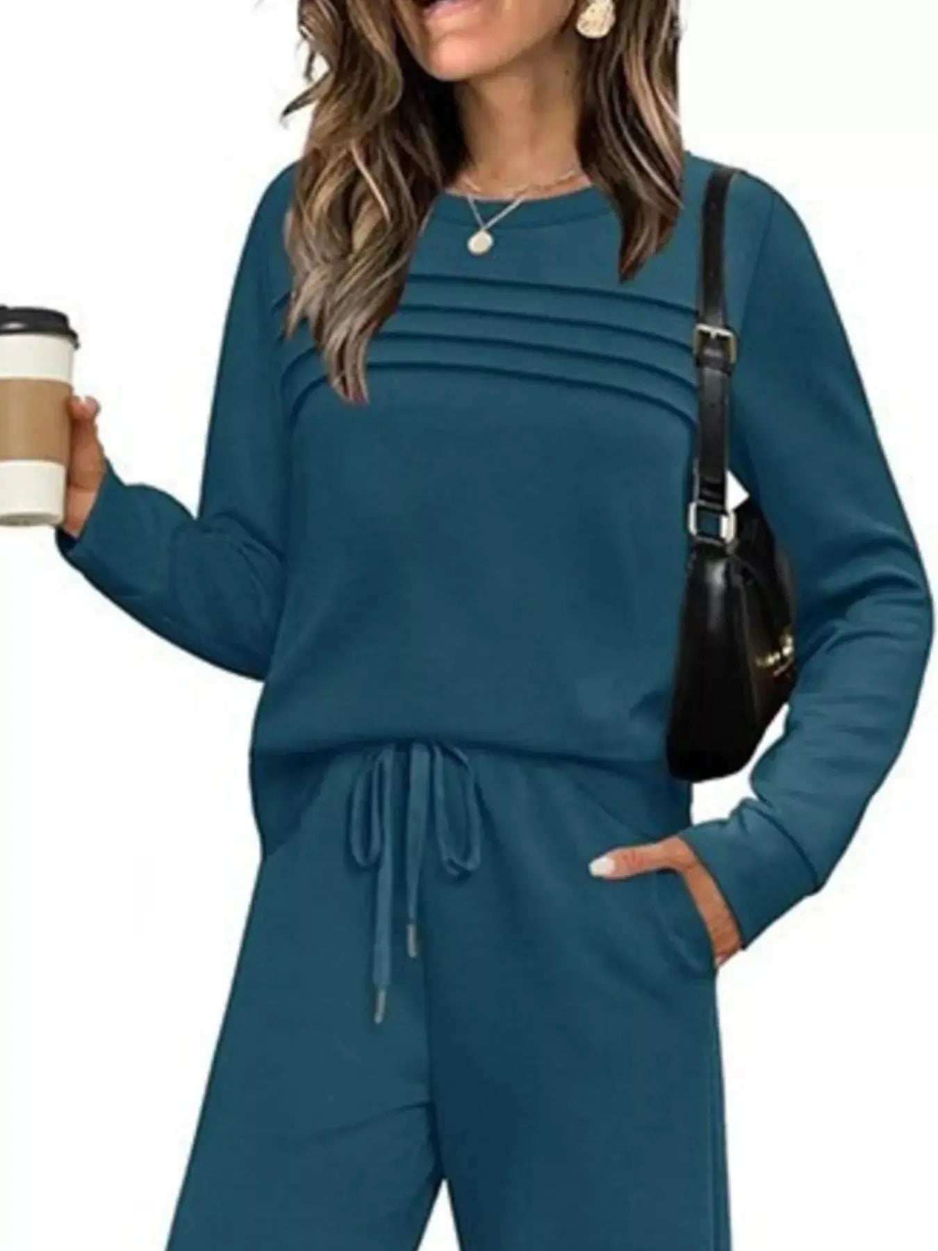 Full Size Long Sleeve Round Neck Top and Pants Set  Style Ratio
