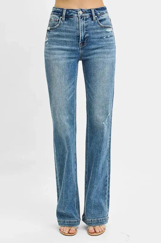 RISEN Full Size Distressed Detail Bootcut Jeans  Style Ratio