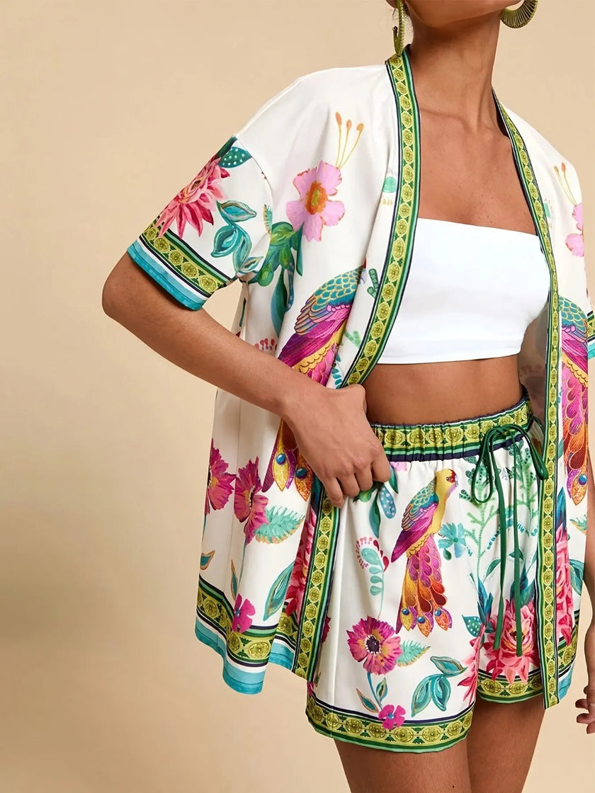 Printed Open Front Cardigan and Shorts Set  Style Ratio