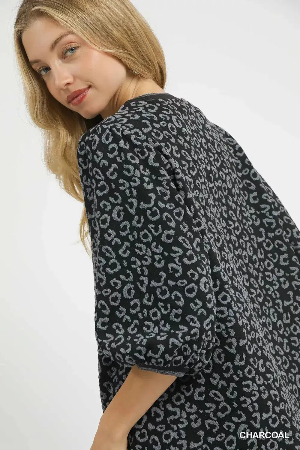 Umgee Leopard Print Jacquard Blouse with Puff Sleeves  Style Ratio