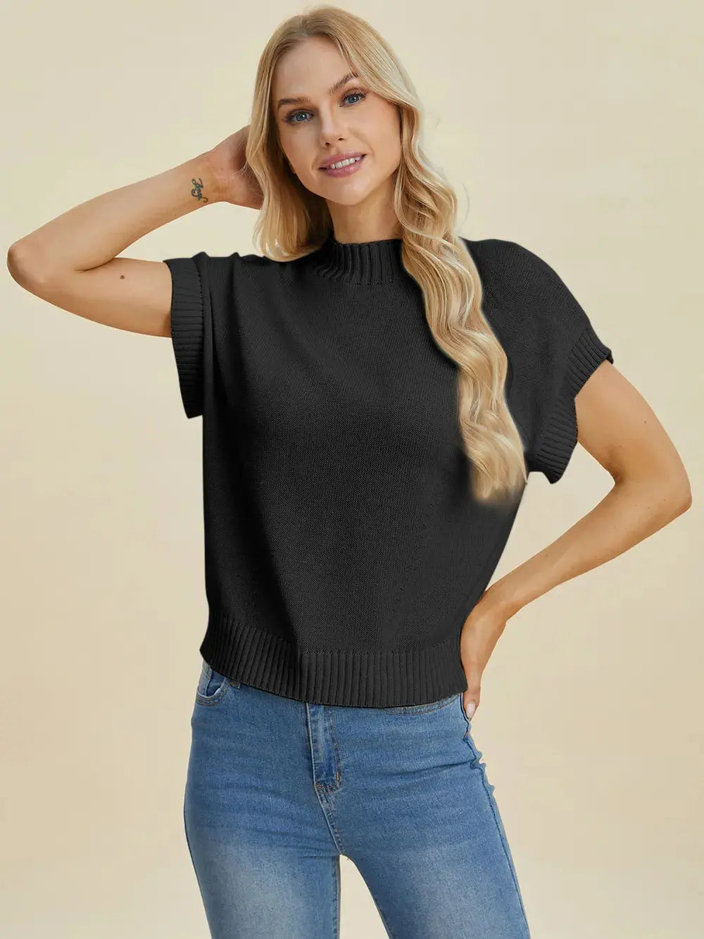 Double Take Full Size Mock Neck Short Sleeve Sweater  Style Ratio
