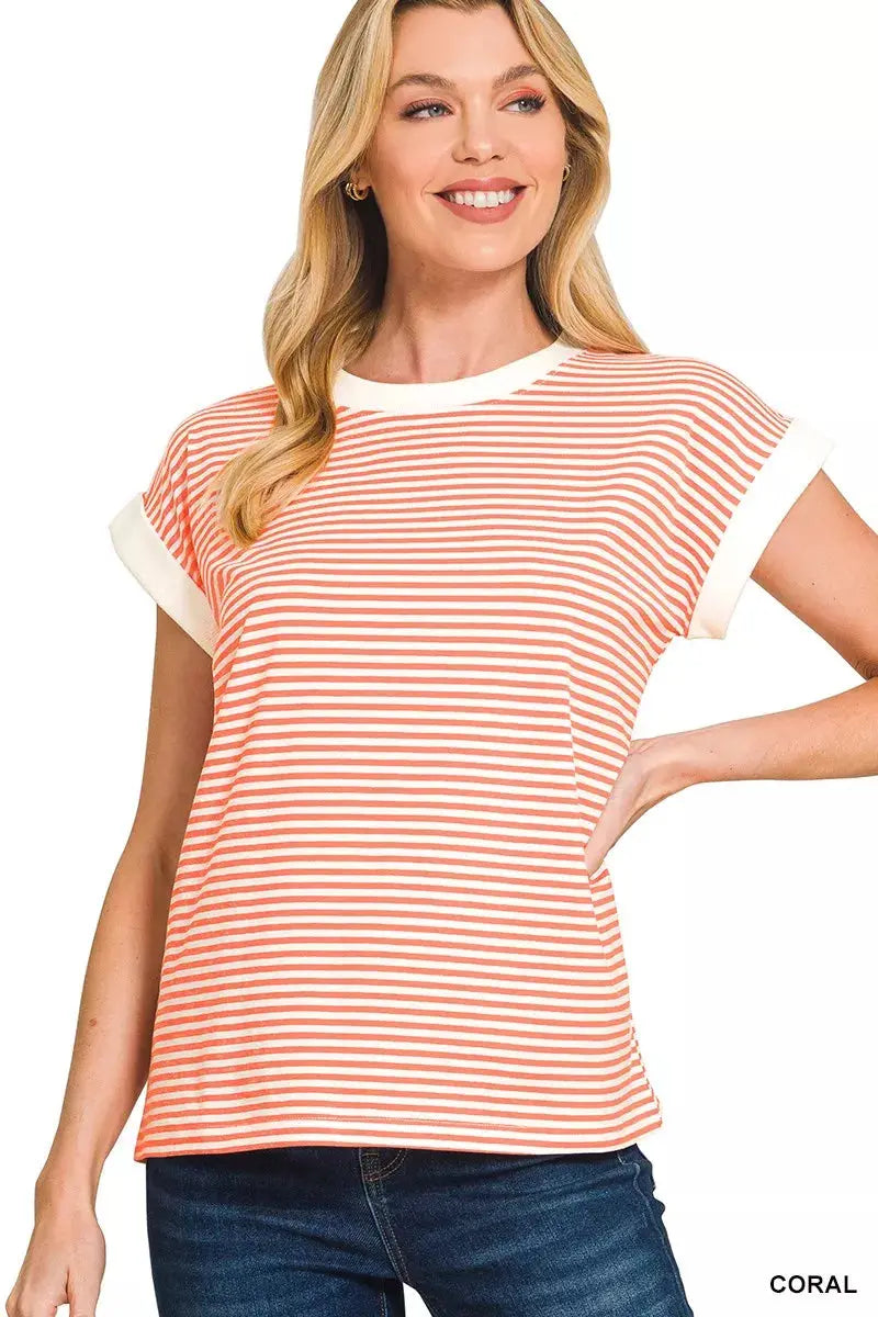 Zenana Striped Round Neck Short Sleeve Contrast Trim Shirt  Style Ratio