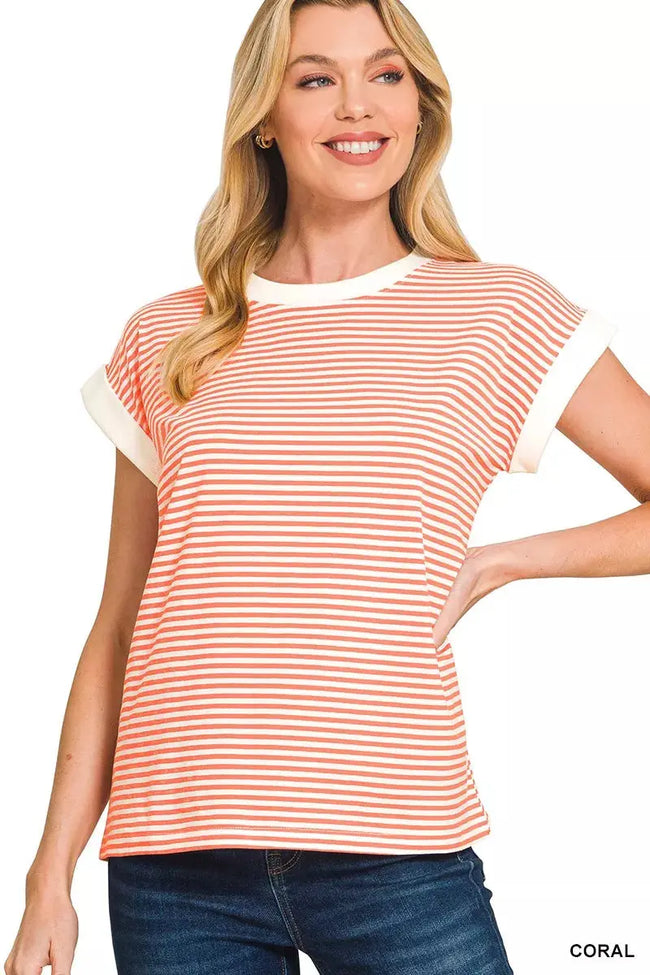 Zenana Striped Round Neck Short Sleeve Contrast Trim Shirt  Style Ratio