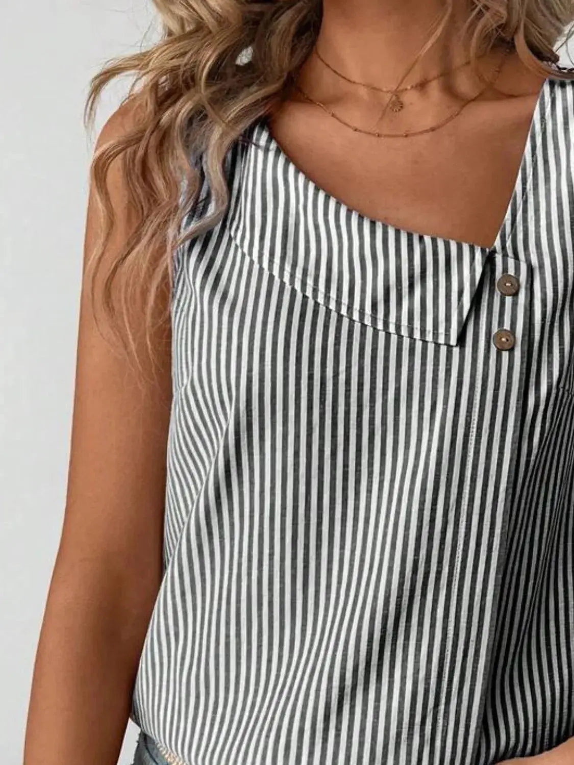 Decorative Button Asymmetrical Striped Tank Top  Style Ratio