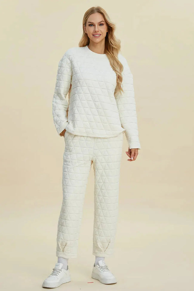 Double Take Full Size Texture Round Neck Long Sleeve Top and Pants Set  Style Ratio