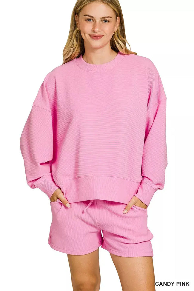 Zenana Ribbed Round Neck Pullover and Shorts Set  Style Ratio