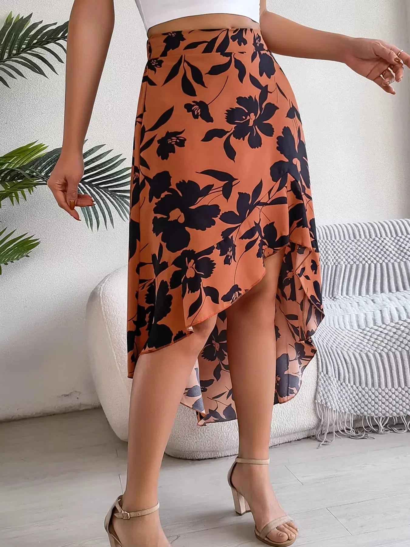 Floral Print Ruffle Hem Asymmetrical Skirt  Style Ratio