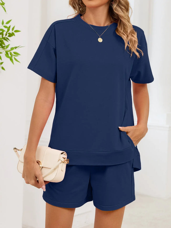 Round Neck Short Sleeve Shirt and Shorts Loungewear  Style Ratio