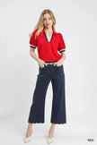 Umgee Puff Sleeve Zip Front Top with Contrast Striped Trim  Style Ratio