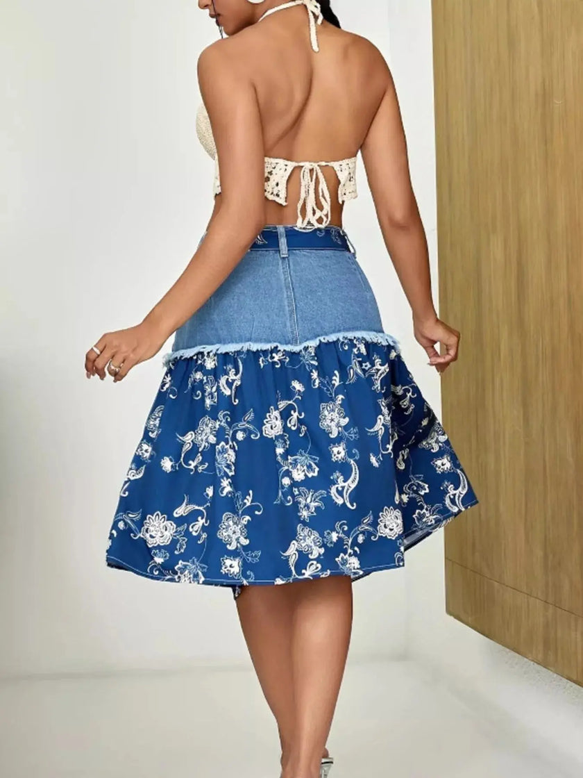 Floral Denim Skirt with Frayed Hem Detail  Style Ratio