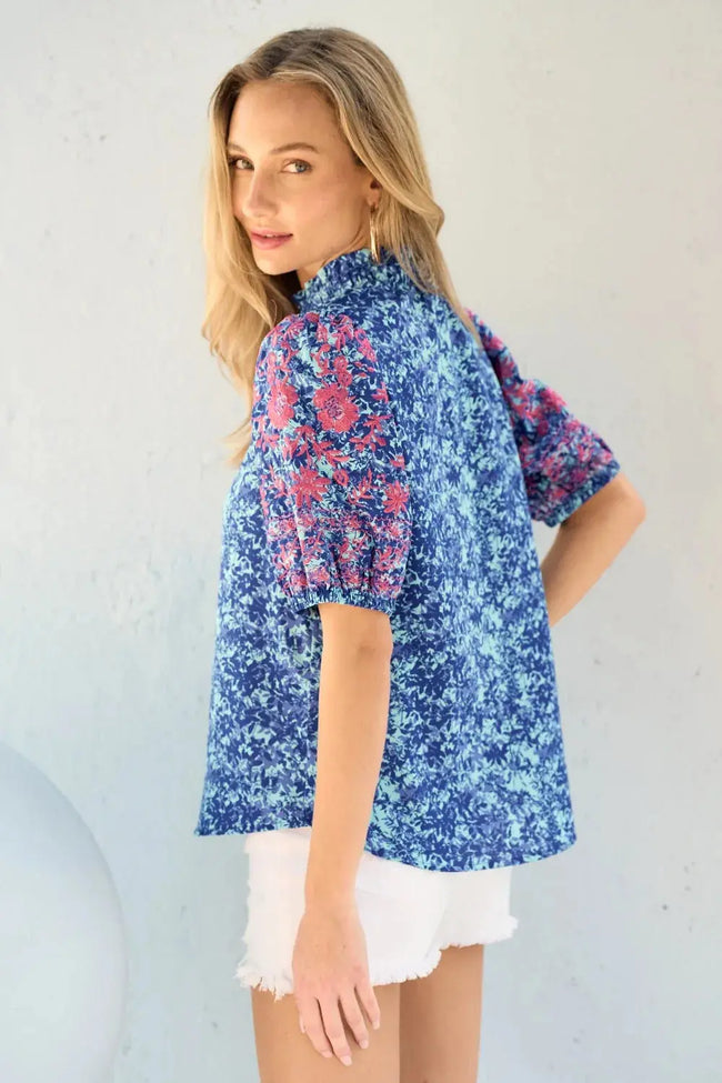 Hailey & Co Embroidered Puff Sleeve Printed Blouse  Style Ratio