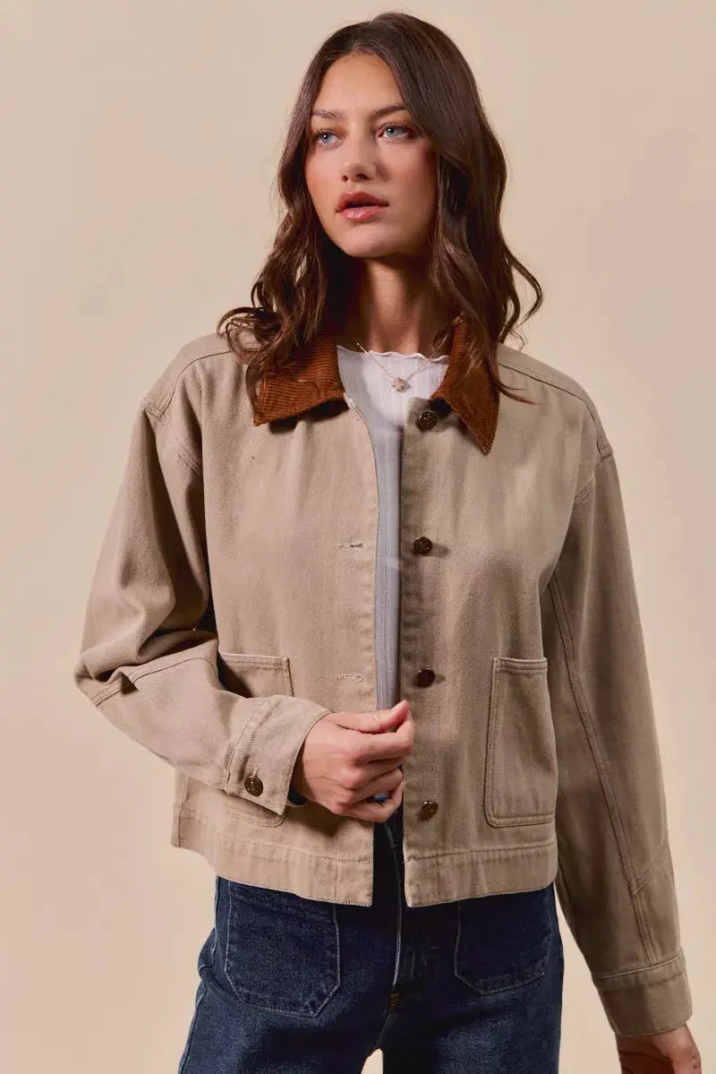 SO ME Cotton Twill Cropped Barn Jacket wtih Collar  Style Ratio