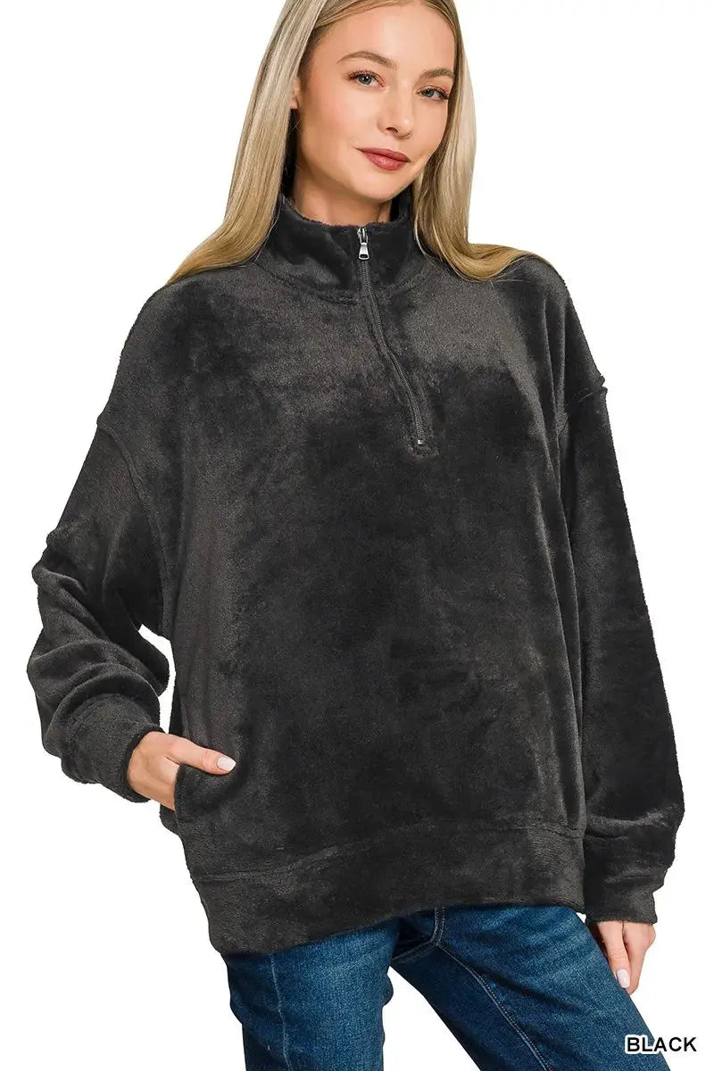 Zenana Faux Fur Half Zip Pocket Pullover  Style Ratio