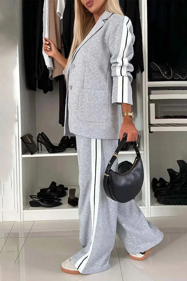Full Size Contrast Lapel Collar Top and Pants Set  Style Ratio