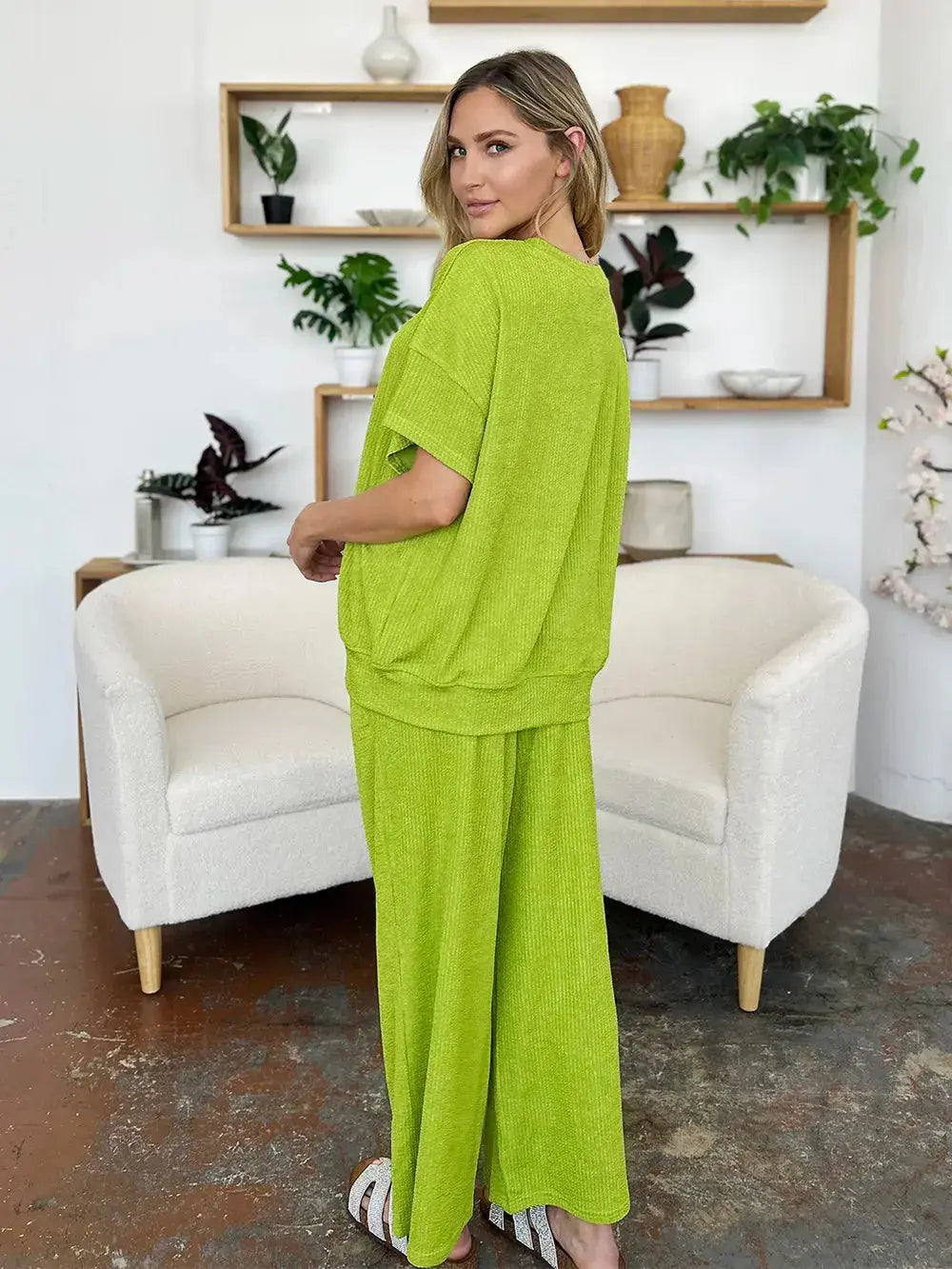 Double Take Texture Round Neck Short Sleeve Shirt and Wide Leg Pants  Style Ratio