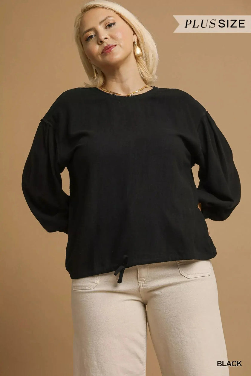 Umgee Full Size Linen Long Sleeve Top with Drawstring  Style Ratio