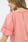 Umgee Round Neck Puff Sleeve Top with Contrast Stitch Detail  Style Ratio