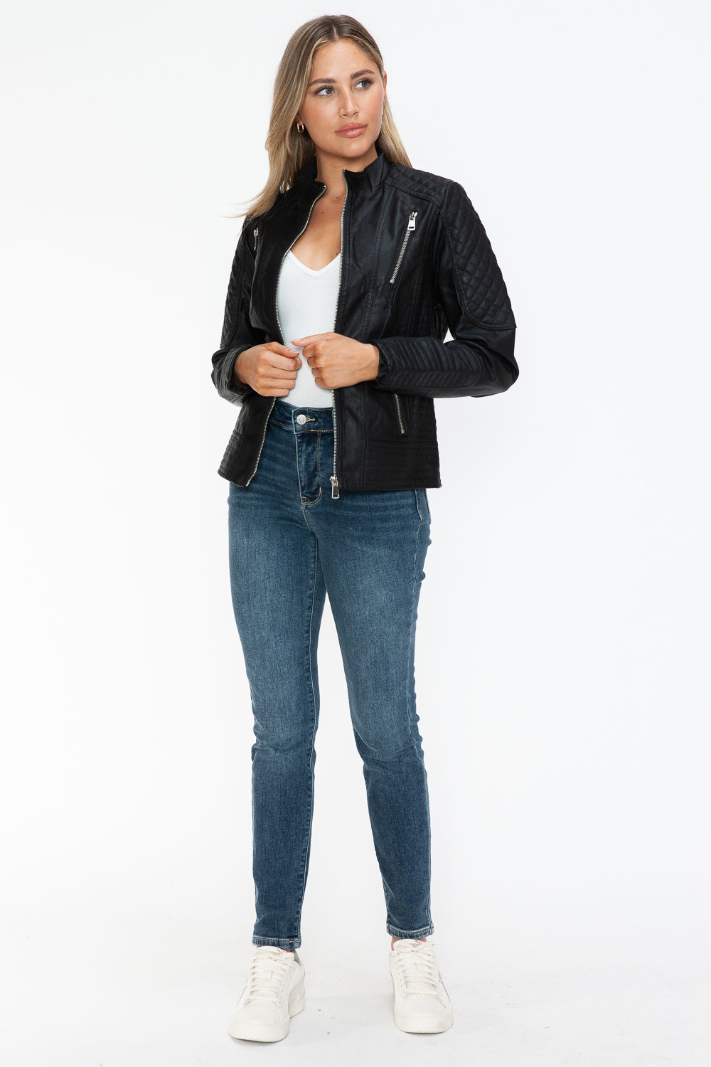 Faux Leather Zip Up Mock Neck Jacket