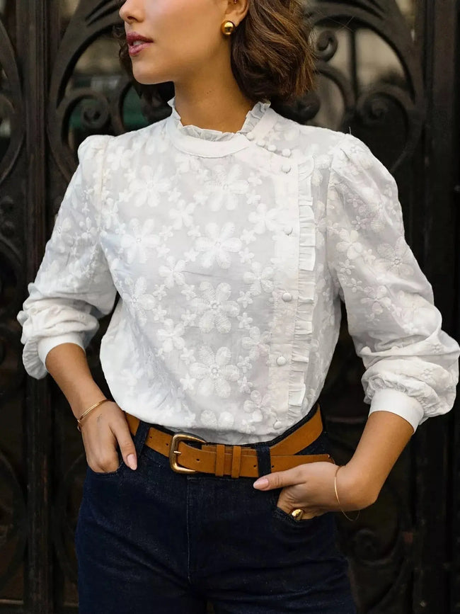 Floral Embroidered Ruffle Trim Top  Style Ratio