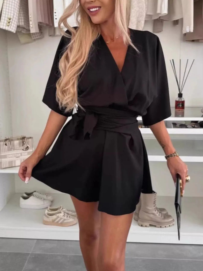 Full Size Surplice Tie Waist Romper  Style Ratio