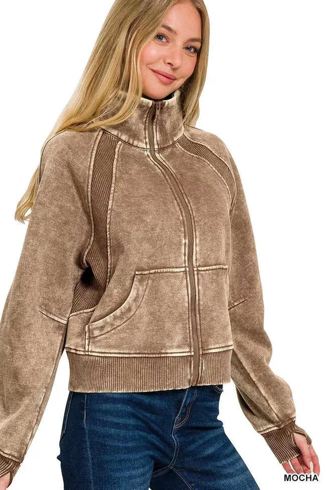 Zenana Acid Wash Zip Up Fleece Hoodie  Style Ratio