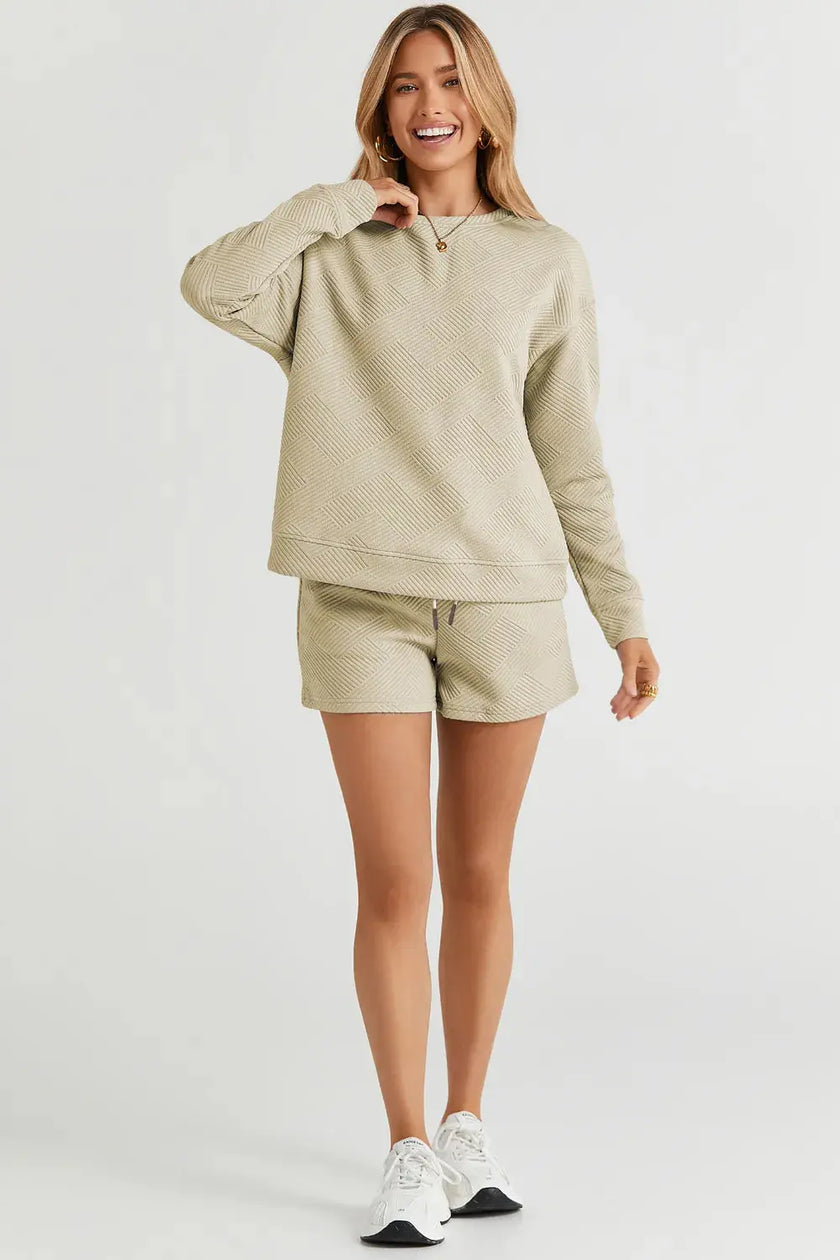 Double Take Full Size Texture Long Sleeve Top and Drawstring Shorts Set  Style Ratio