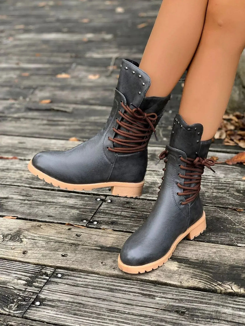 Round Toe Block Heels Boots  Style Ratio