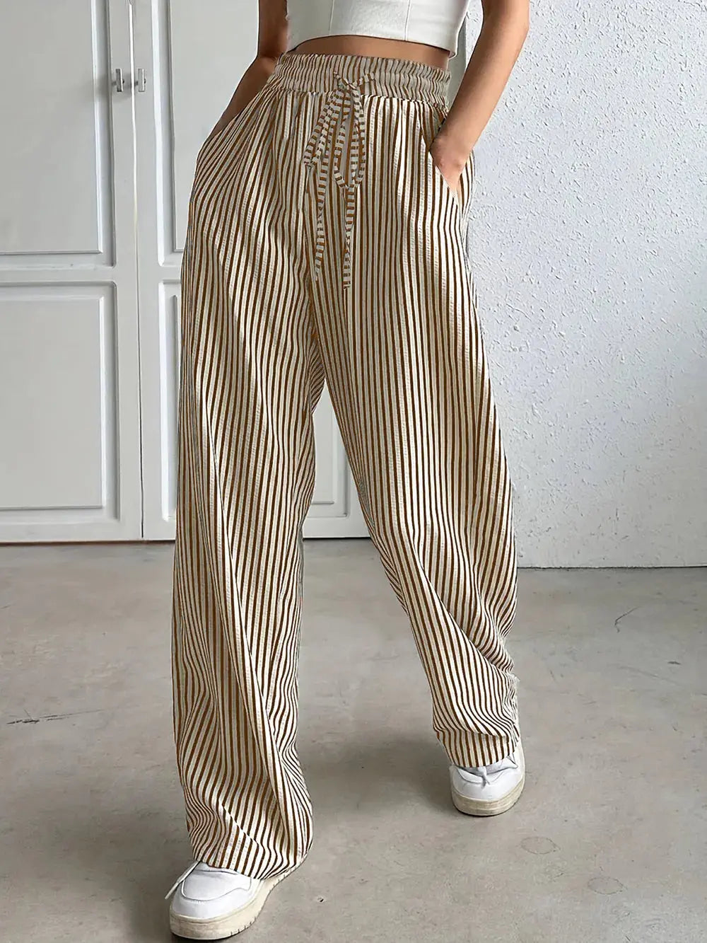 Drawstring Striped Elastic Waist Pants  Style Ratio