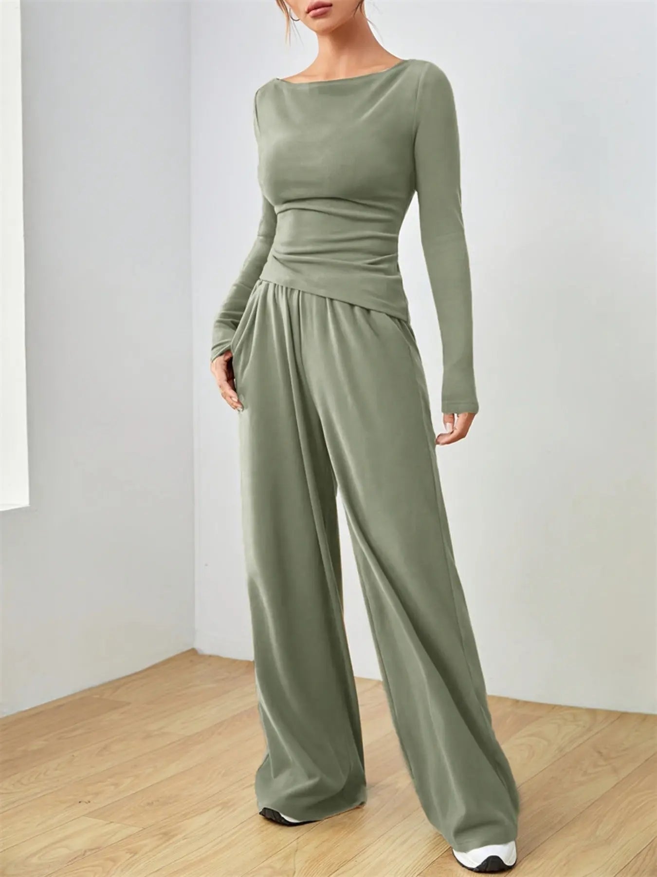 Casual Long Sleeve Top & Wide Leg Pants Set  Style Ratio