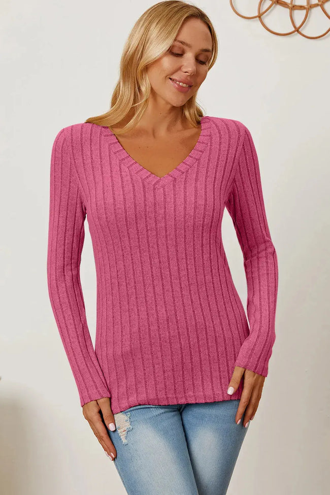 Basic Bae Full Size Ribbed V-Neck Long Sleeve Shirt  Style Ratio