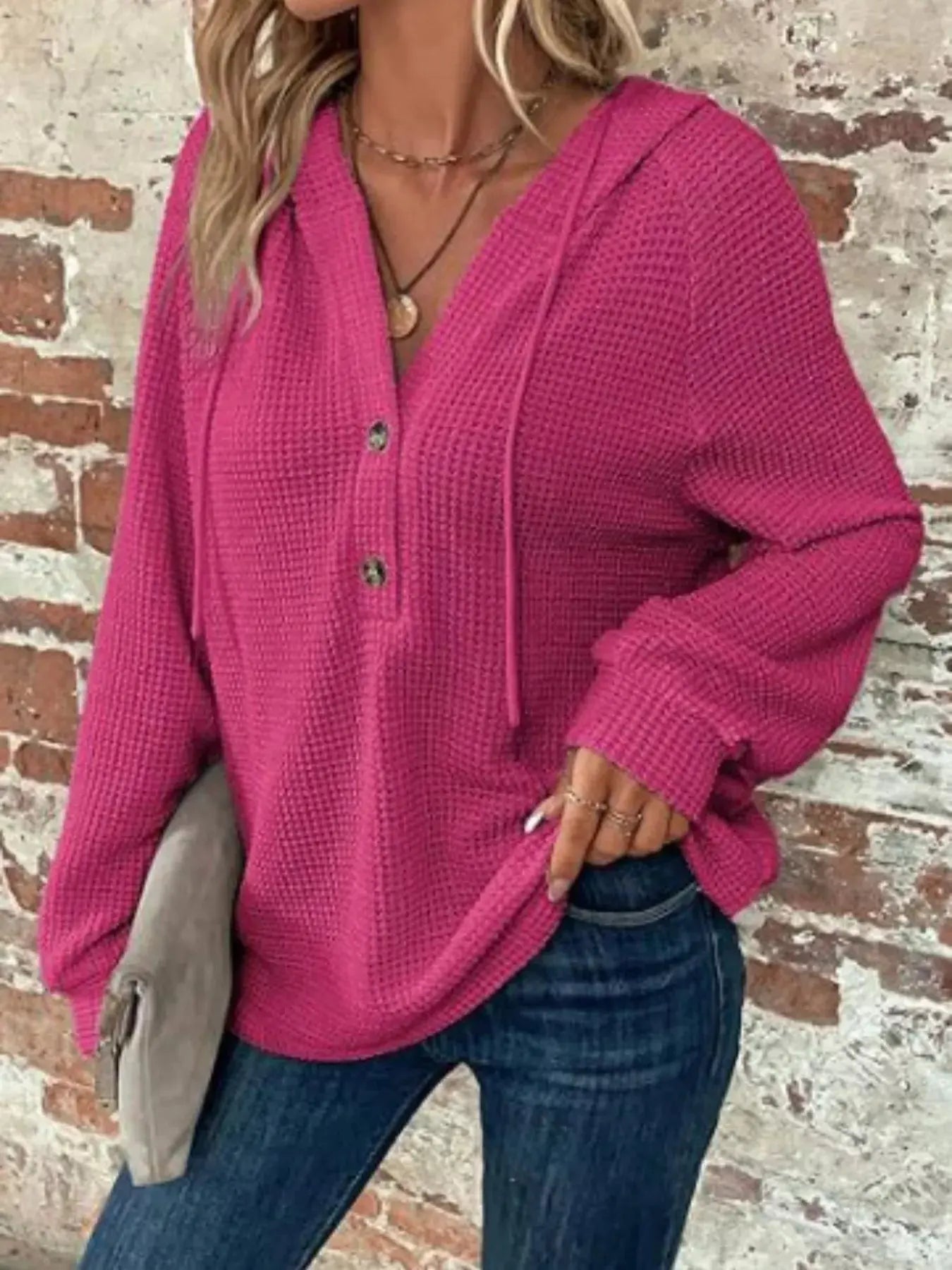 Full Size Button Detail Waffle Knit Hoodie  Style Ratio