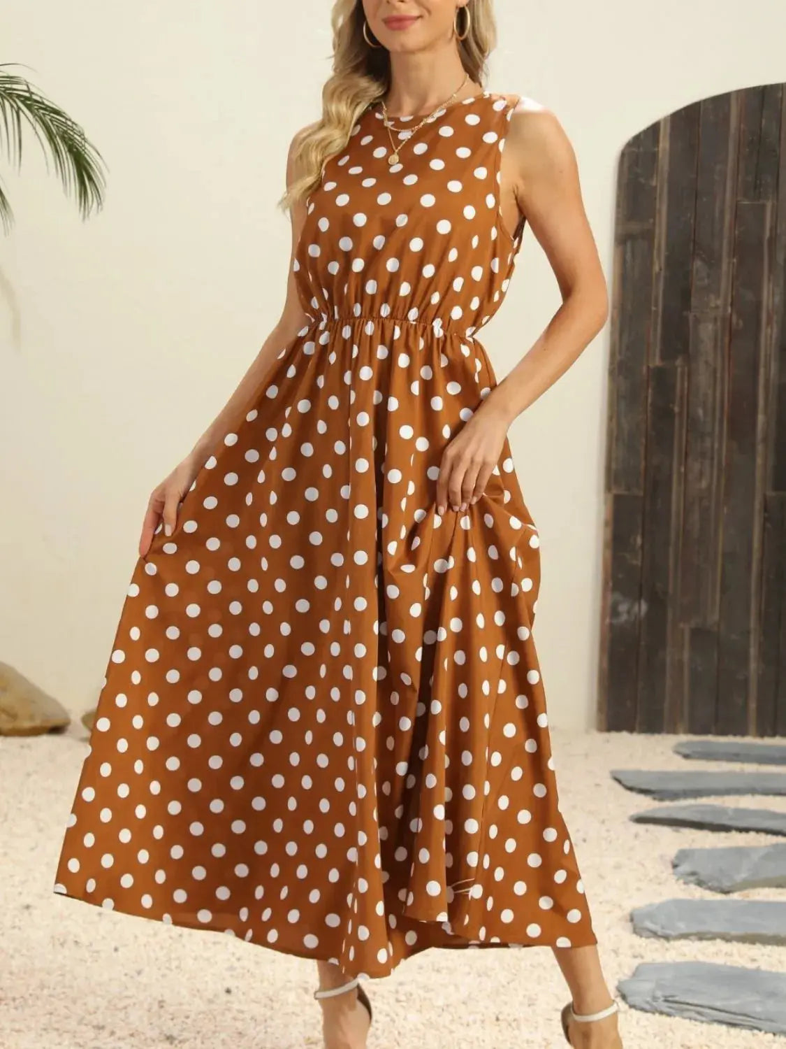 Polka Dot Round Neck Sleeveless Midi Dress  Style Ratio