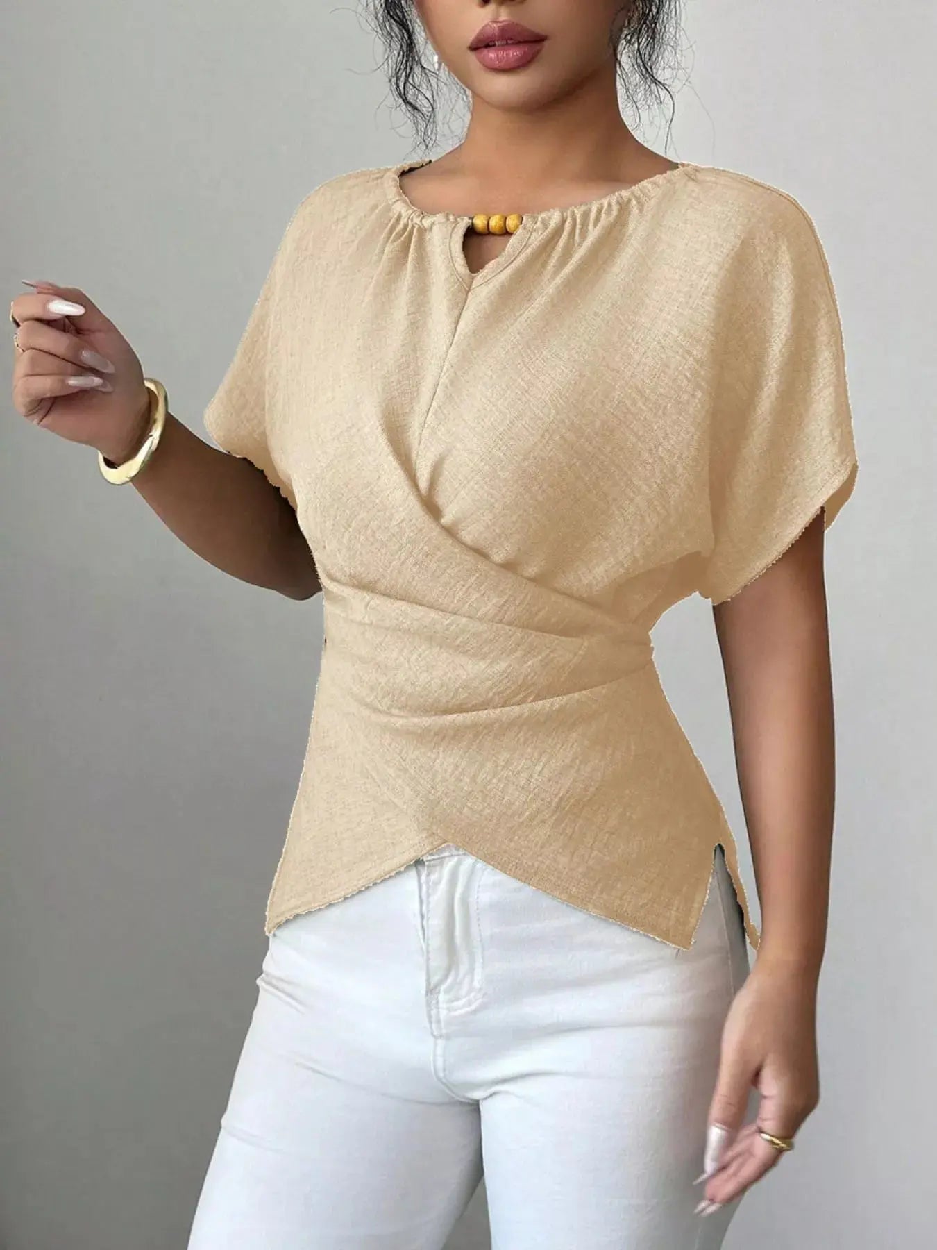 Beaded Neckline Short Sleeve Blouse  Style Ratio