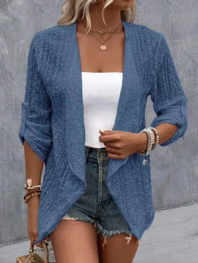 Eyelet Roll-Tab Sleeve Cardigan  Style Ratio