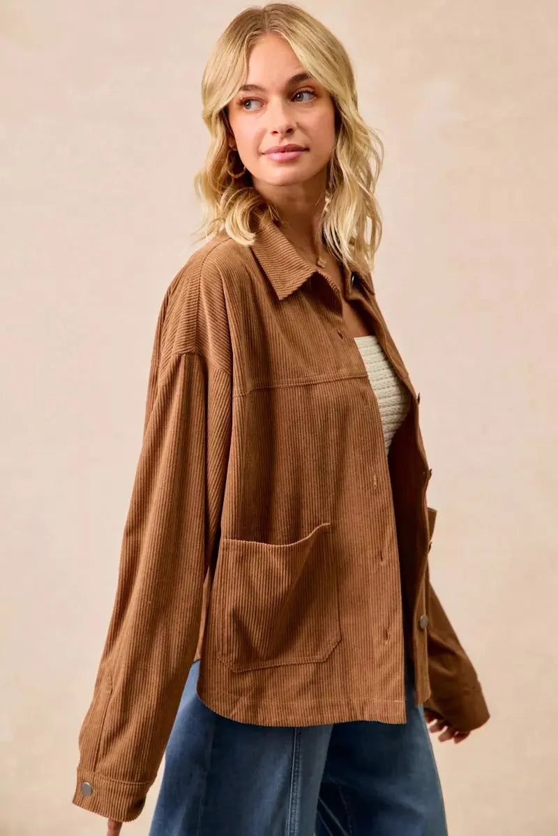 BiBi Corduroy Relaxed Fit Long Sleeve Shacket  Style Ratio