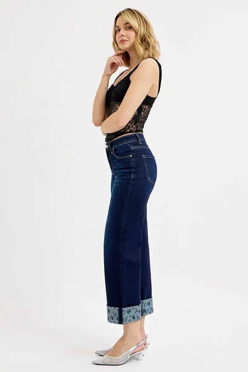 RISEN Mid Rise Fit Crop Wide With Printed Cuff Jeans  Style Ratio