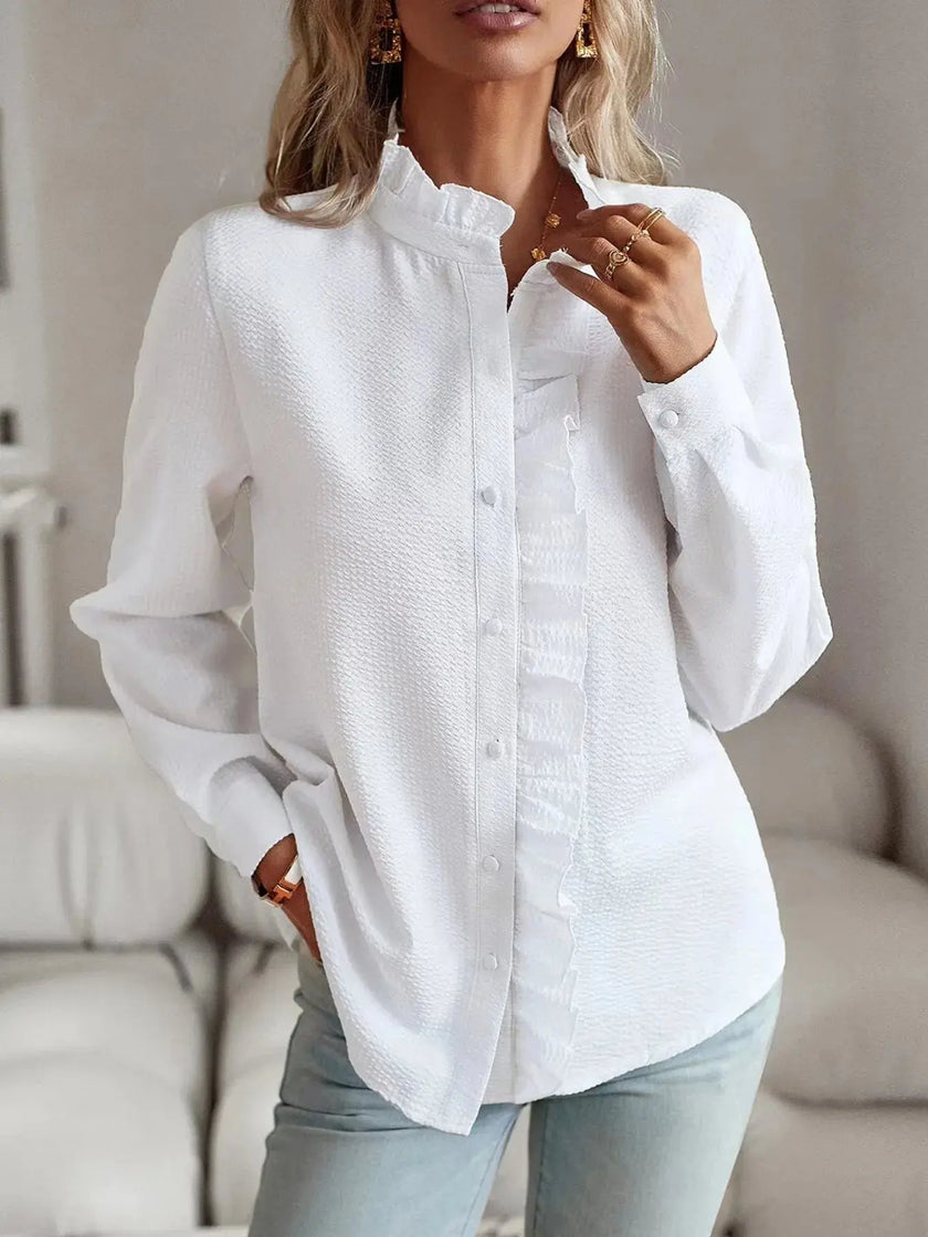 Striped Ruffle Detail Button-Up Blouse  Style Ratio
