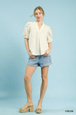 Umgee Textured Blouse with Lace Contrast Sleeves  Style Ratio
