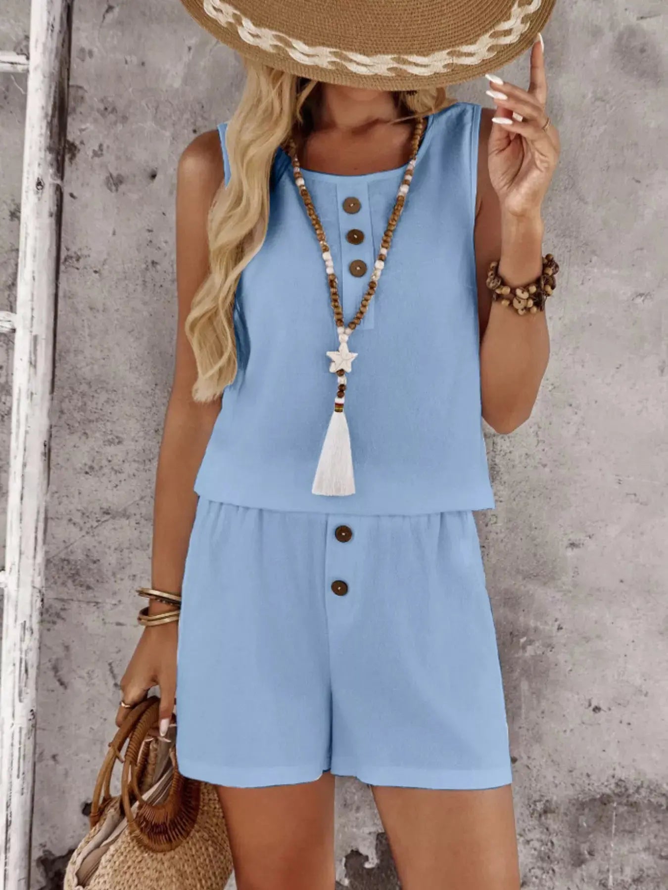 Decor Button Round Neck Tank and Shorts Set  Style Ratio