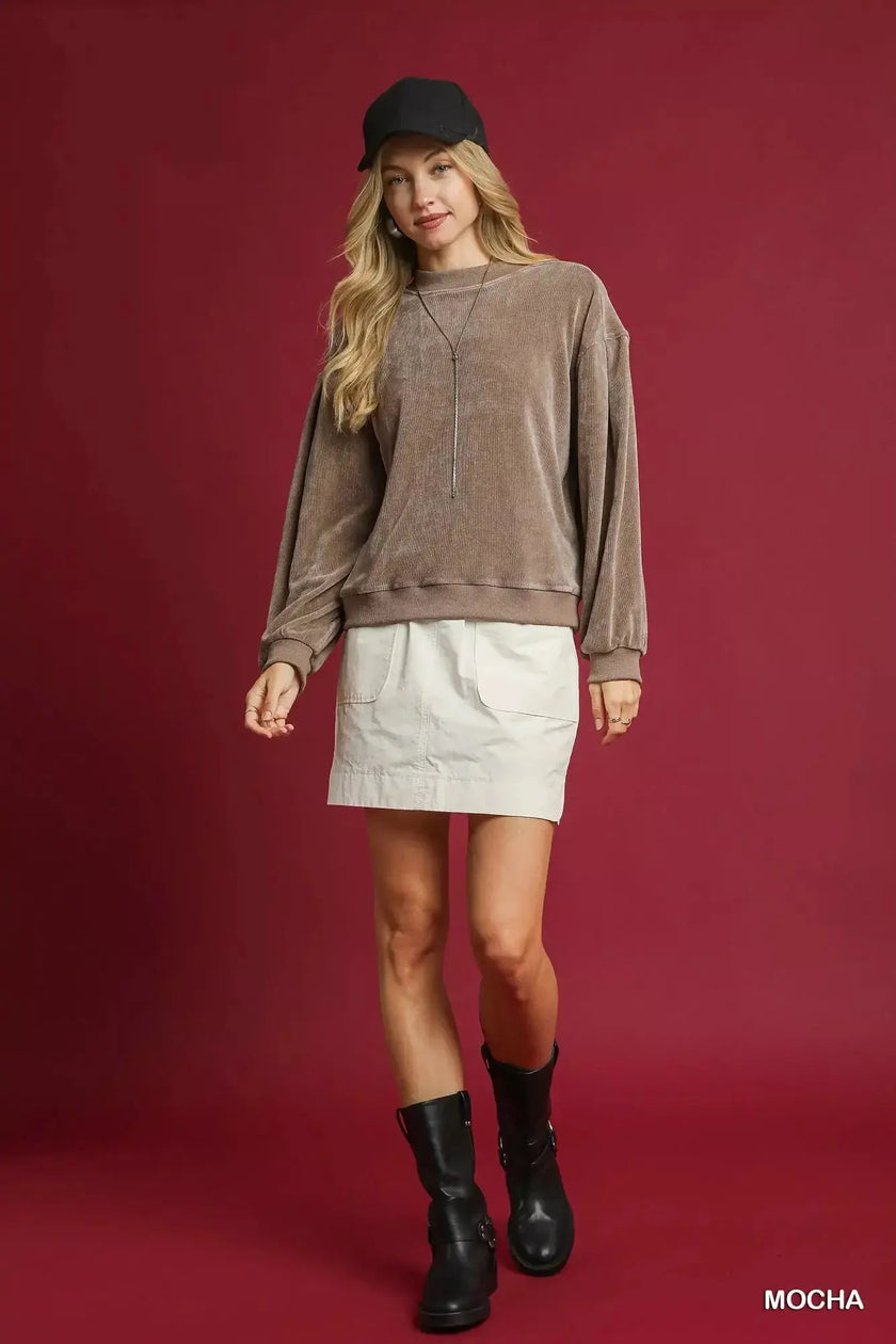 Umgee Velour Crewneck Balloon Sleeve Sweatshirt  Style Ratio