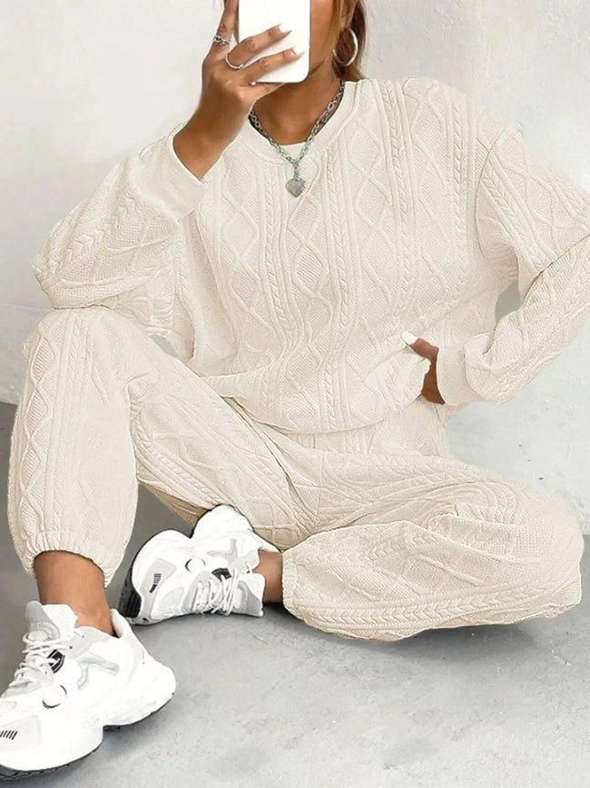 Texture Round Neck Top and Pants Loungewear  Style Ratio