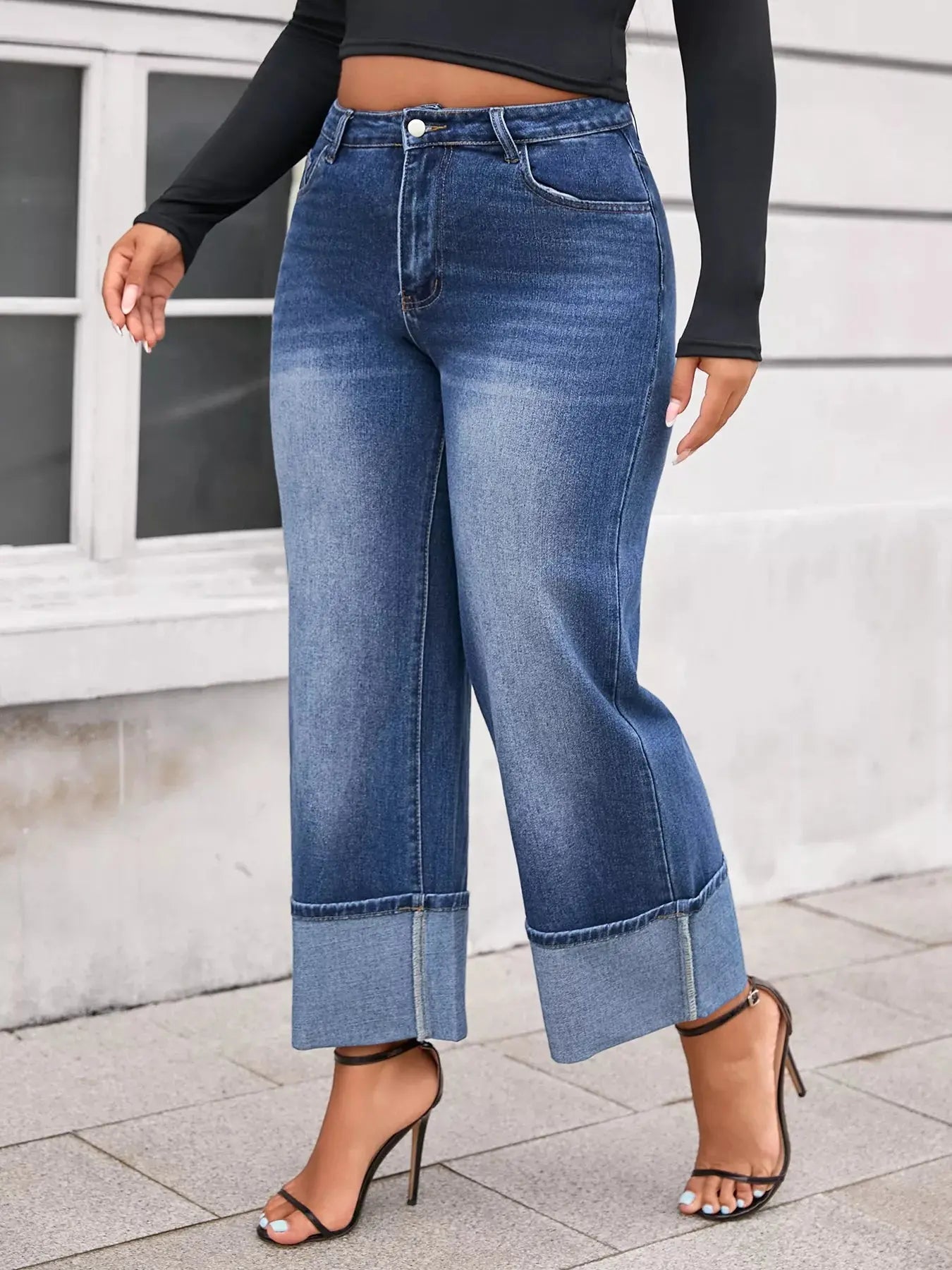 Plus Size High Waist Cuffed Wide Leg Jeans  Style Ratio