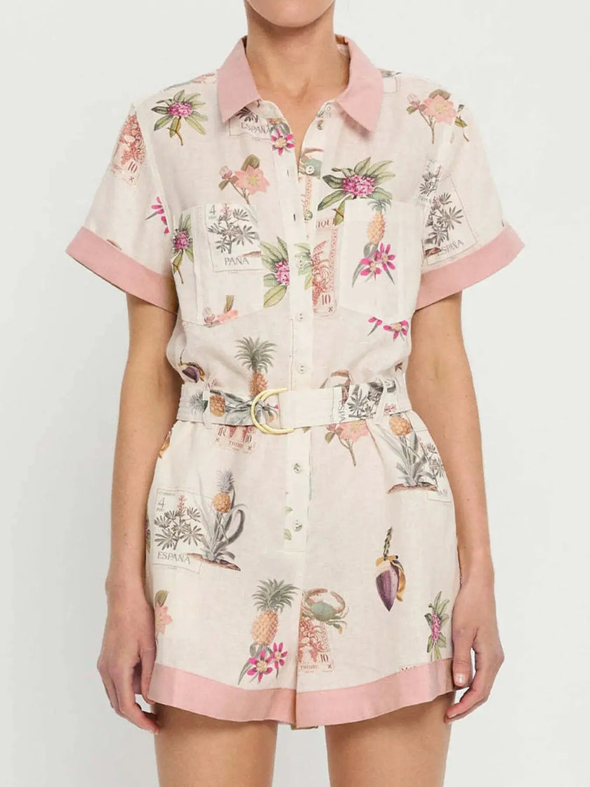 Printed Short Sleeve Romper with Belt  Style Ratio