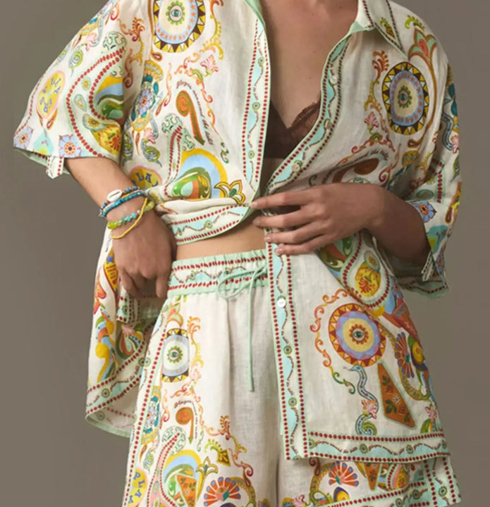 Printed Button Up Shirt and Shorts Set  Style Ratio