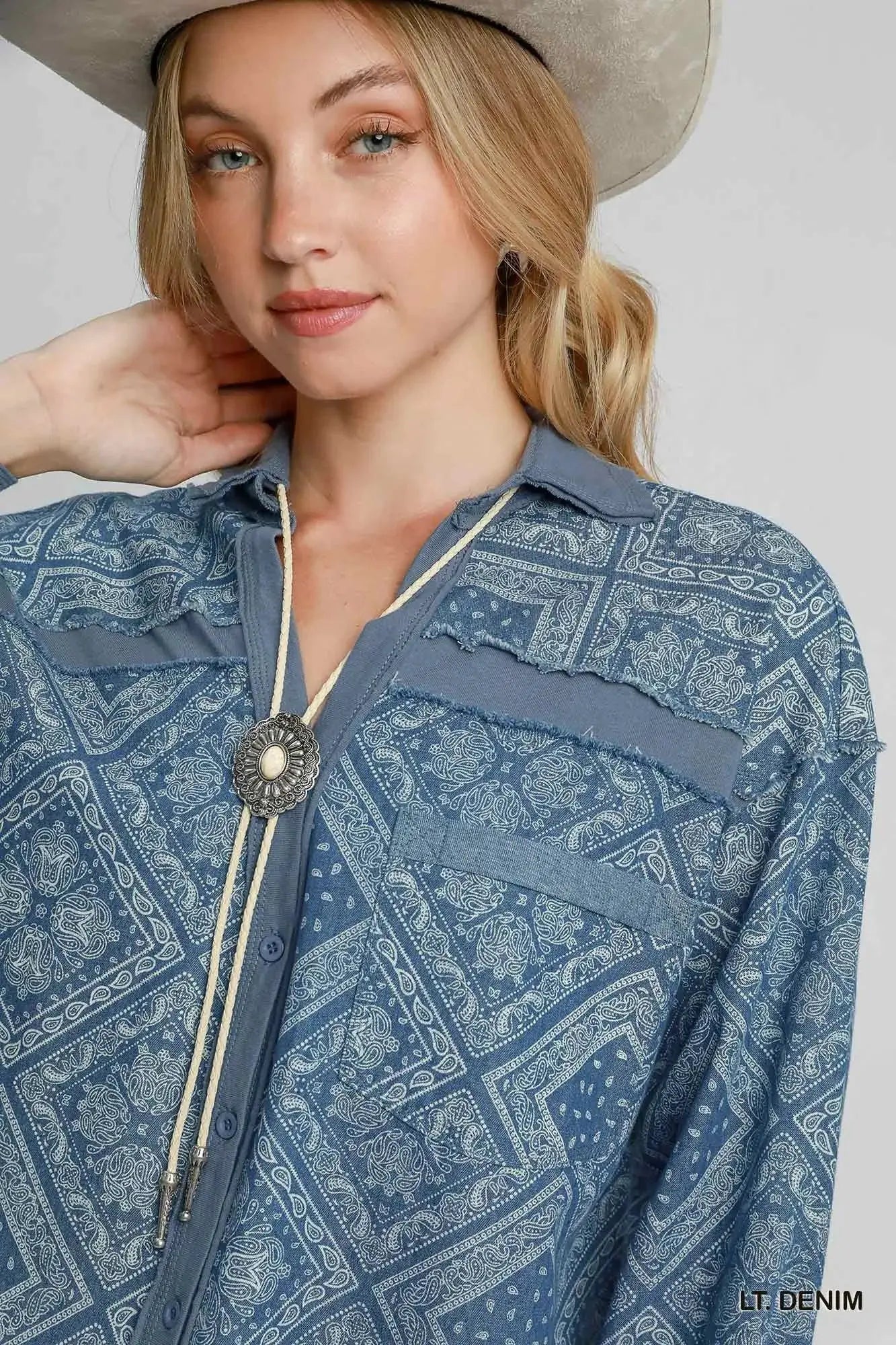 Umgee Paisley Print Denim Shacket  Style Ratio