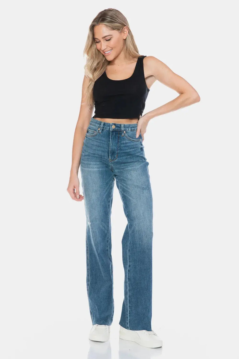 Judy Blue Full Size Tummy Control Cut Raw Hem Straight Jeans  Style Ratio
