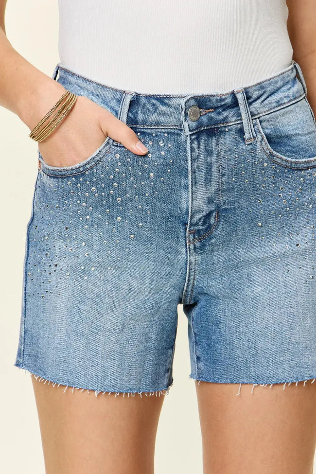 Judy Blue Full Size High Waist Rhinestone Decor Denim Shorts  Style Ratio